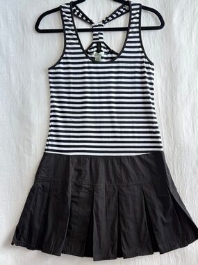 Timing Black and White Striped Tank Junior Dress with Pleated Skirt